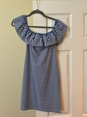 Striped One-Shoulder Ruffle Dress in Blue and White